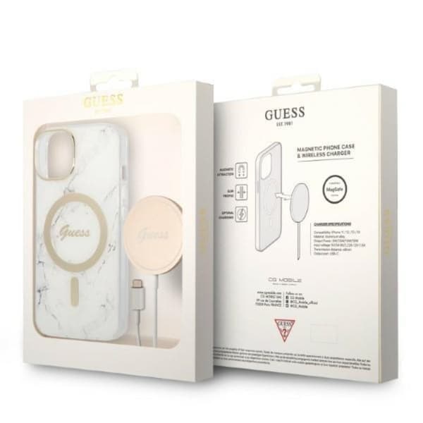 GUESS iPhone 14 Plus Magsafe Skal Marble + Trådlös Laddare - Vit Vit