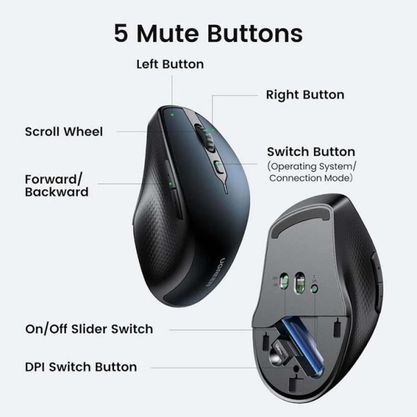 Ugreen Ergonomisk Trådlös Mus Bluetooth 2.4 GHz - Blå