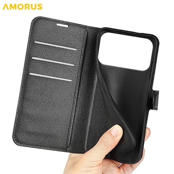 AMORUS iPhone 17 Pro Konstläder Plånboksfodral Flipstativ Litchi - Svart Svart