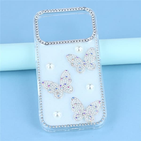 Mobilskal till iPhone 17 Pro Max Rhinestone Edge Pearl Butterfly Vit