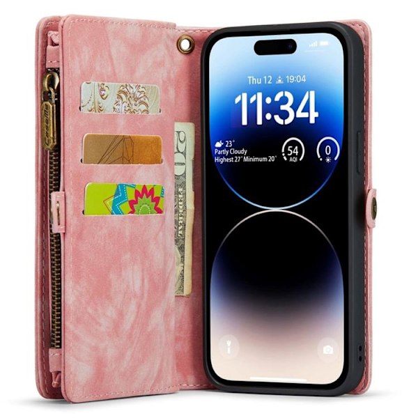 CASEME iPhone 14 Pro Plånboksfodral Äkta Läder Detachable - Rosa
