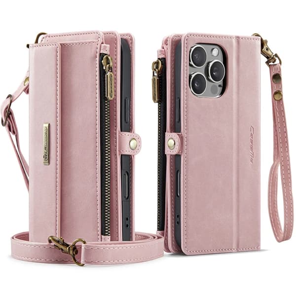 Caseme iPhone 16 Pro Konstläder Plånboksfodral RFID-Skydd Zipper - Rosa Rosa