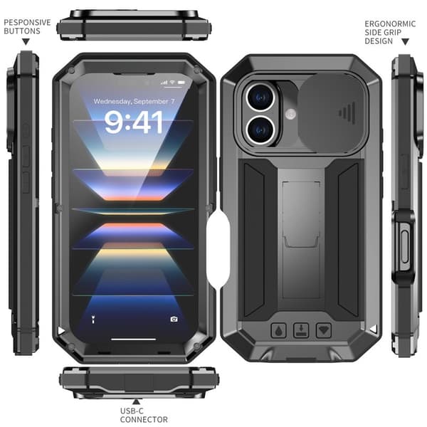 R-JUST Mobilskal till iPhone 16 Plus Kickstand Silikon+Metal+PC Svart