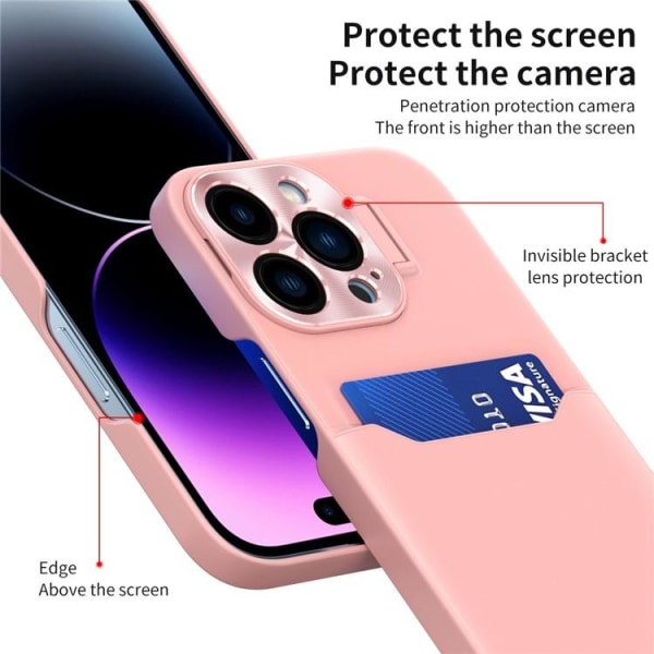 iPhone 14 Pro Max Skal Korthållare Linsram Kickstand - Rosa