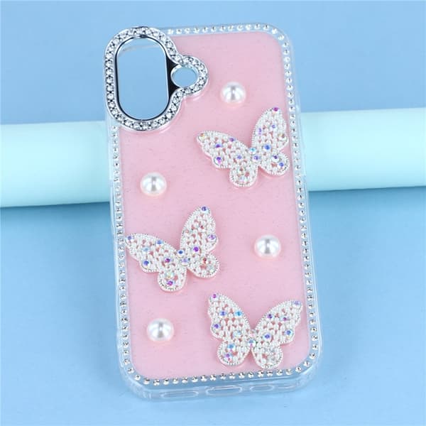 Mobilskal till iPhone 17 Rhinestone Edge Pearl Butterfly Rosa