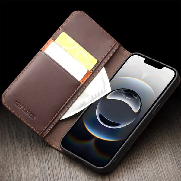 QIALINO iPhone 16e Plånboksfodral Äkta Läder Anti-Drop - Brun Brun