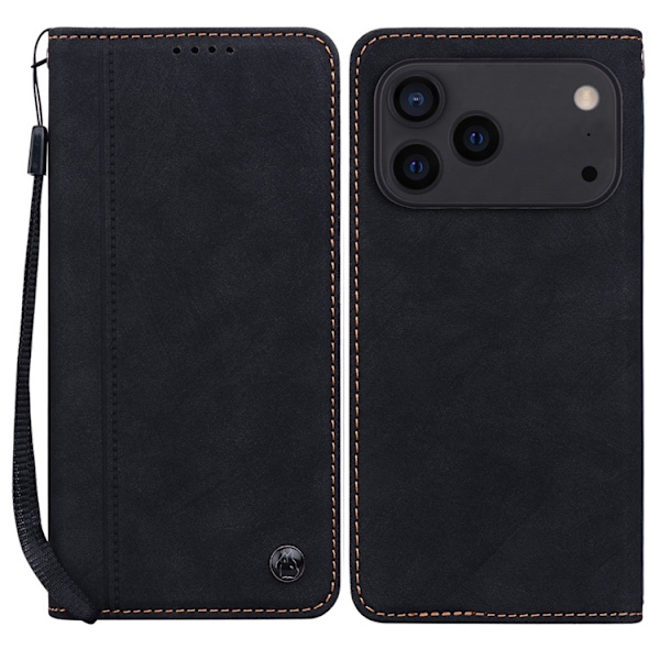 iPhone 17 Pro Konstläder Plånboksfodral med Rem Lines Pattern - Svart Svart