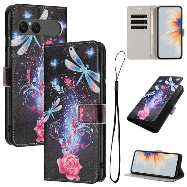 Sony Xperia 10 VII Konstläder Plånboksfodral Pattern Printing - Dragonfly Svart