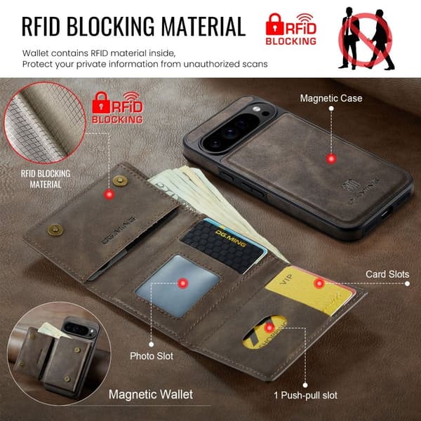 DG.MING M6 Series Konstläder Plånboksfodral för Google Pixel 10 Pro XL Brun