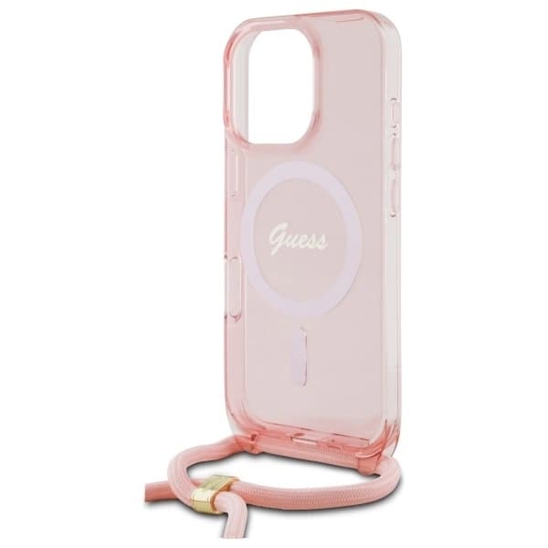Guess Mobilskal till iPhone 16 Pro Max MagSafe Crossbody Cord Script - Rosa Rosa