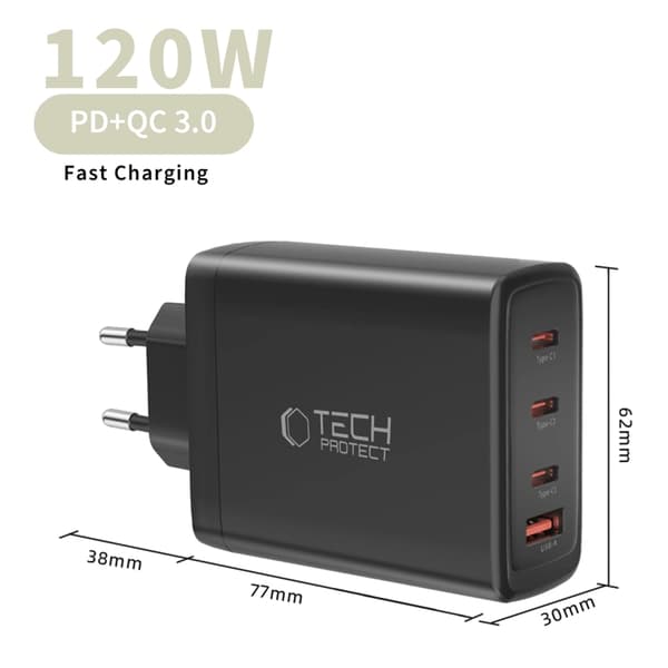 Tech-Protect 4-ports hurtigoplader 120W QC3.0 NC120W-GAN Svart
