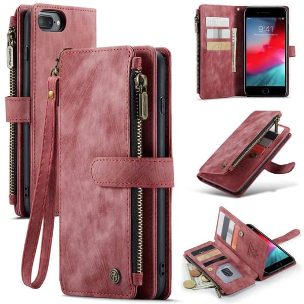 CASEME Konstläder Plånboksfodral för iPhone 6 Plus/6s Plus/7 Plus/8 Plus Röd