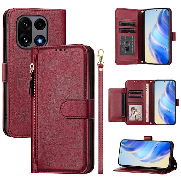 OnePlus 15 Plånboksfodral Zipper Pocket Multiple Konstläder Röd