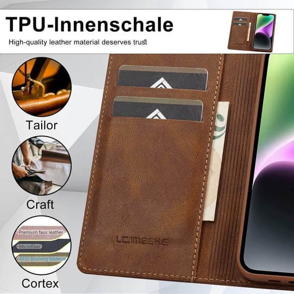 LC.IMEEKE iPhone 15 Plånboksfodral i Konstläder - RFID-blockerande - Brun
