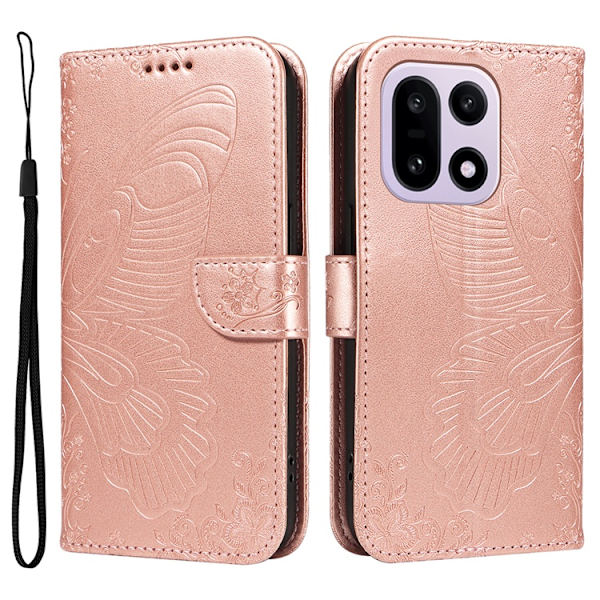 OnePlus 15 Plånboksfodral Butterfly Pattern Konstläder Roséguld