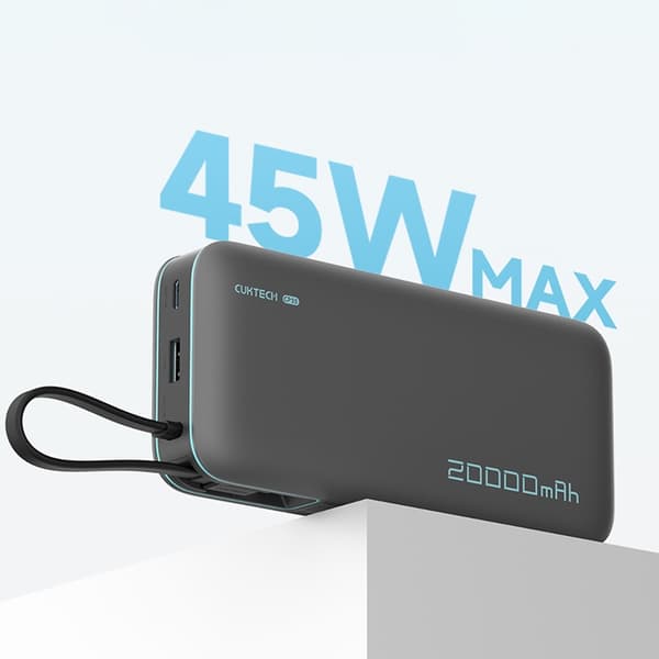 Cuktech Powerbank 20000mAh 55W USB-C USB-A med indbygget kabel - Grå Grå