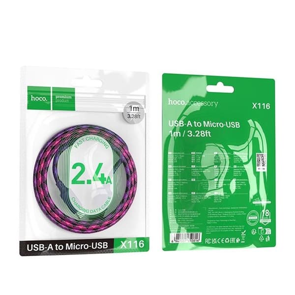 HOCO USB-A til Micro-USB Kabel 2.4A 1m Nylon X116 - Gradient Lilla Lila
