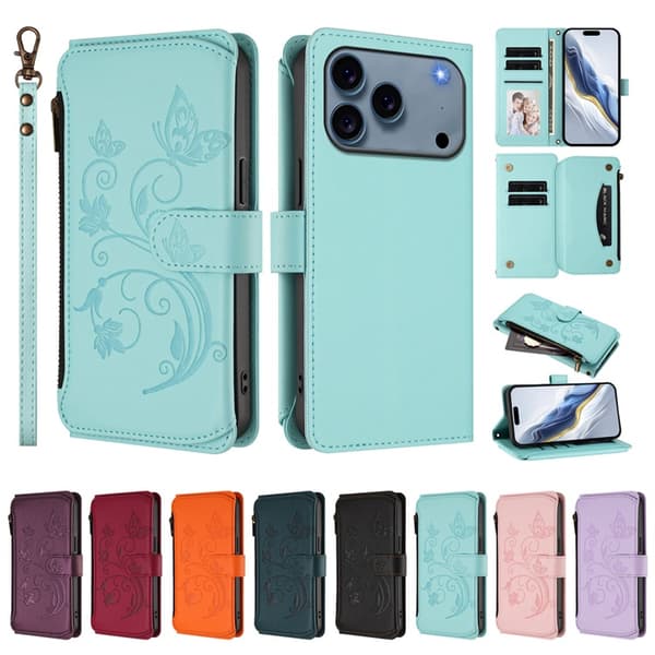 iPhone 17 Pro Max Plånboksfodral Butterfly Floral Imprint - Mintgrön Grön