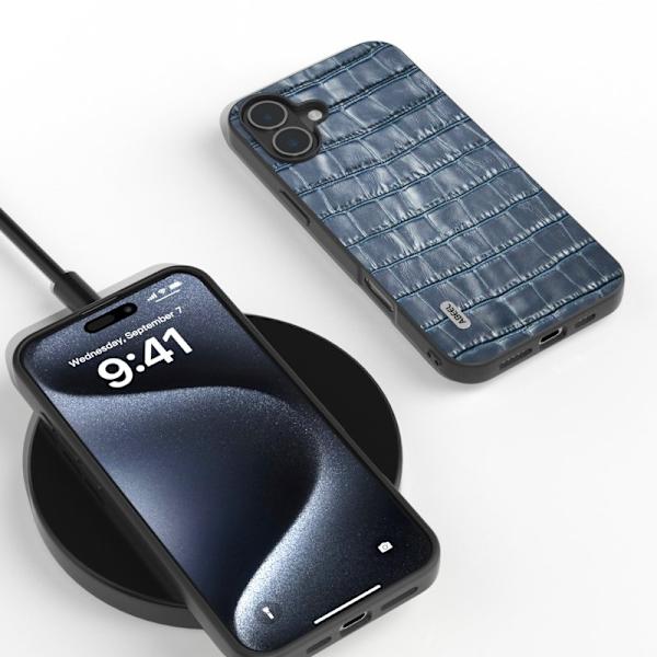 ABEEL Mobilskal till iPhone 16 i Äkta Läder + PC + TPU - Blå