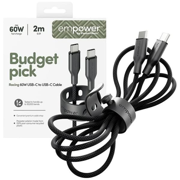 Empower by PanzerGlass USB-C till USB-C 60W Kabel 2m Racing Svart
