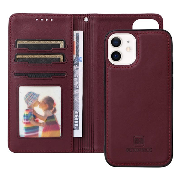 BETOPNICE iPhone 12 mini Plånboksfodral - Avtagbart Konstläder - Vinröd