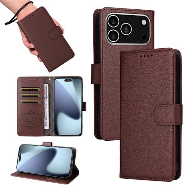 iPhone 17 Pro Plånboksfodral RFID Blocking med Handledsrem Brun