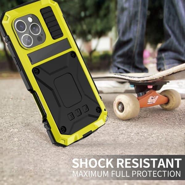 R-JUST Mobilskal till iPhone 16 Pro Max PC+Silicone+Metal Kickstand Gul