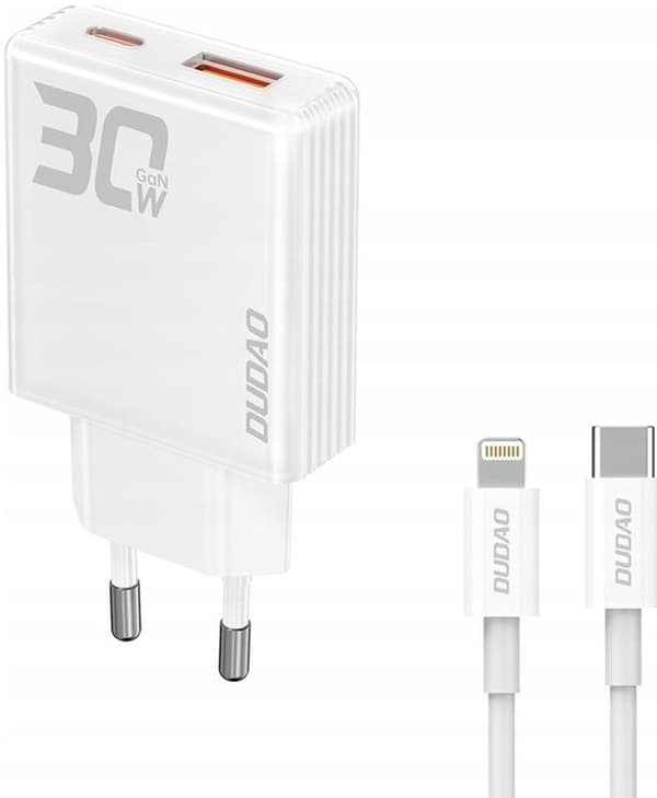 Dudao Snabbladdare 30W USB-A/USB-C med USB-C/Lightning Kabel Vit