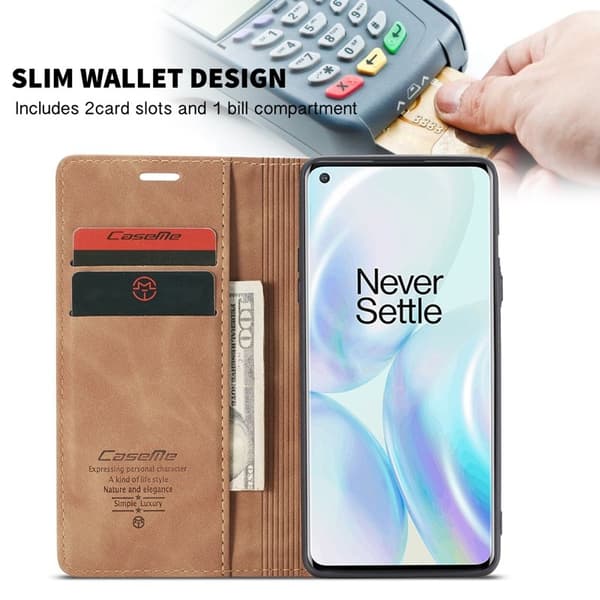 CASEME 013 Series Konstläderplånboksfodral för OnePlus 8 - Brun