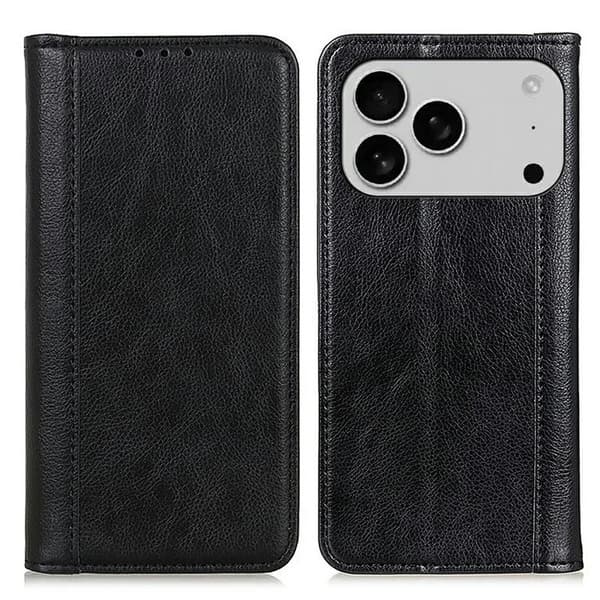iPhone 17 Pro Plånboksfodral Äkta Läder Litchi - Svart Svart