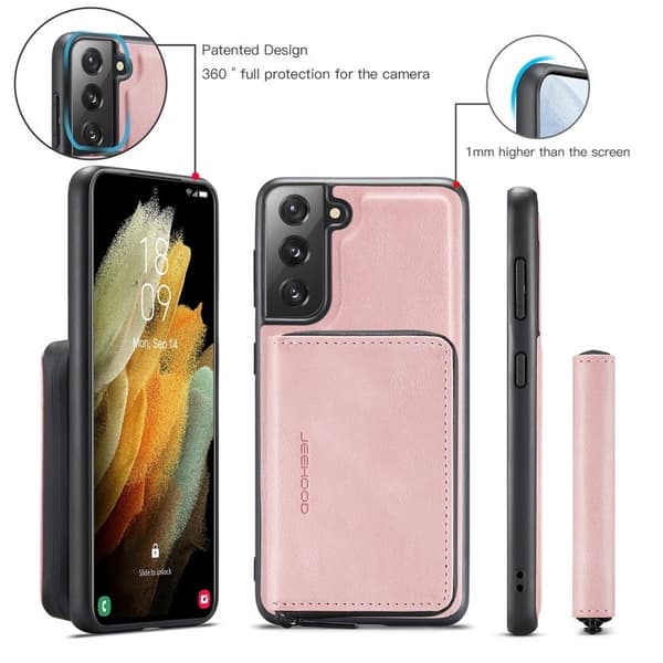 JEEHOOD 2-in-1 Magnetisk Konstläder Plånboksfodral Samsung Galaxy S22+ Rosa