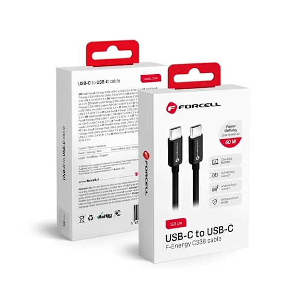 Forcell USB-C till USB-C Kabel 2m - Svart Svart
