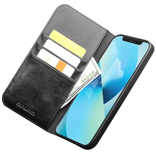 QIALINO iPhone 13 Mini Plånboksfodral Äkta läder - Svart Svart
