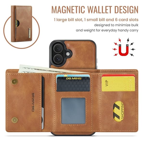 DG.MING M6 Series Mobilskal till iPhone 16 Plus Magnetiskt Plånboksfodral Brun