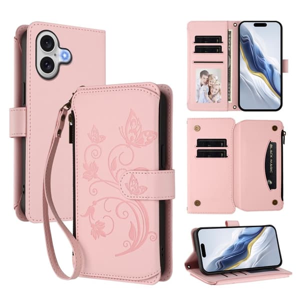 iPhone 17 Plånboksfodral Butterfly Floral Imprint - Rosa Rosa