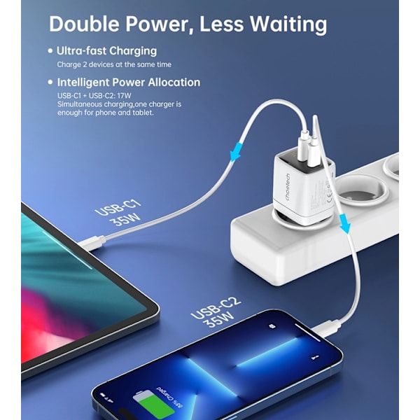 Choetech Väggladdare 35W GaN 2xUSB-C - Vit