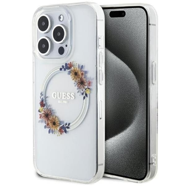 Guess iPhone 15 Pro Mobilskal Magsafe IML Flowers Wreatch Transparent