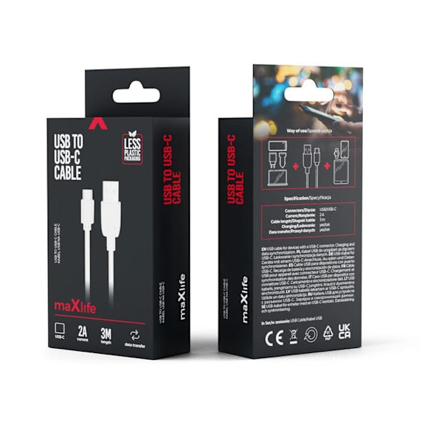 Maxlife USB-A til USB-C Kabel 3m 2A - Hvid Vit