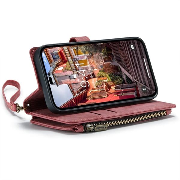 CASEME C30 iPhone 14 Pro Plånboksfodral Konstläder Röd med Kortfack