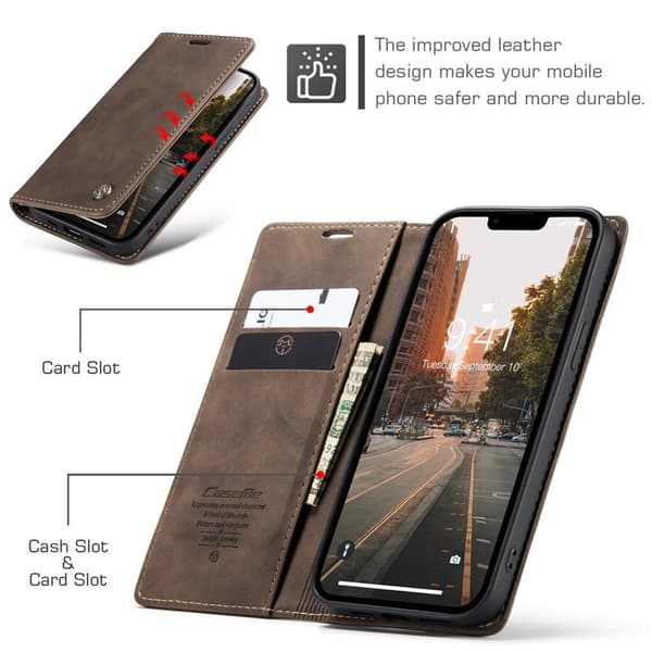 CASEME 013 iPhone 15 Konstläderplånboksfodral Flip Ställ - Brun