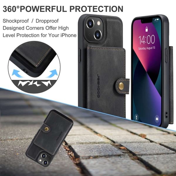 JEEHOOD iPhone 14 Plus Plånboksfodral 2-i-1 Konstläder TPU Svart