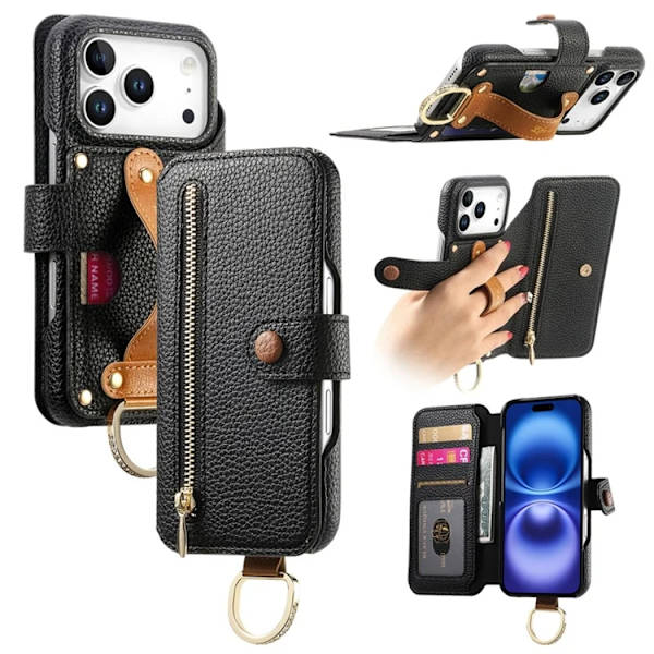 iPhone 17 Pro Max Konstläder Plånboksfodral RFID-Skydd Zipper Svart