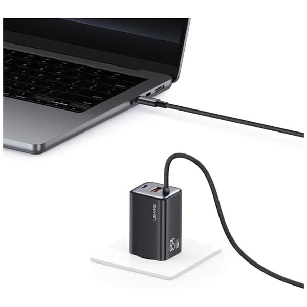 USAMS Snabbladdare 65W 2xUSB-C 1xUSB-A GaN JC - Svart Svart