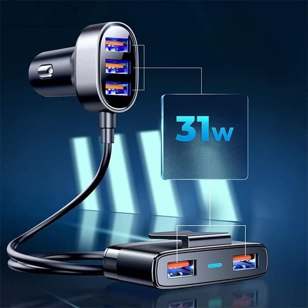 Joyroom smart biloplader 5x USB 6.2 A med forlængelse sort Black