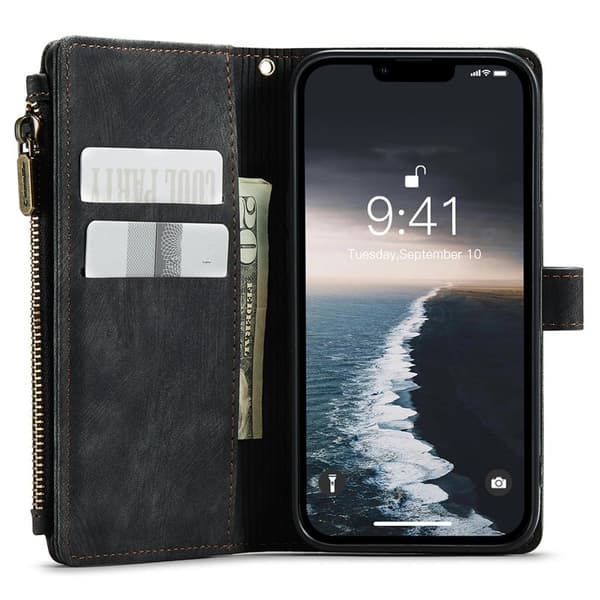 CASEME Konstläder Plånboksfodral för iPhone 15 Plus med Rem - Svart