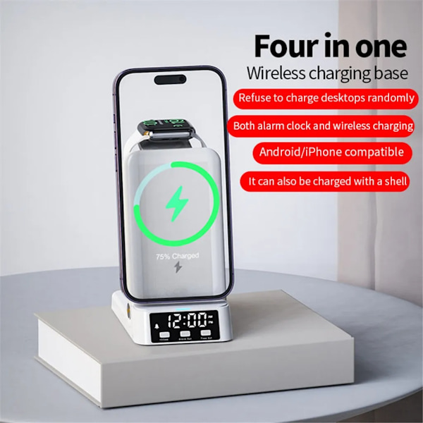 SiGN 3-in-1 Trådlös Laddare ställ med Väckarklocka 15W - Vit