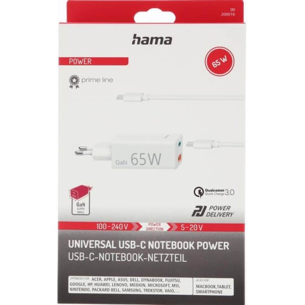 Hama Universal oplader USB-C og USB-A PD GaN 5-20V/65W