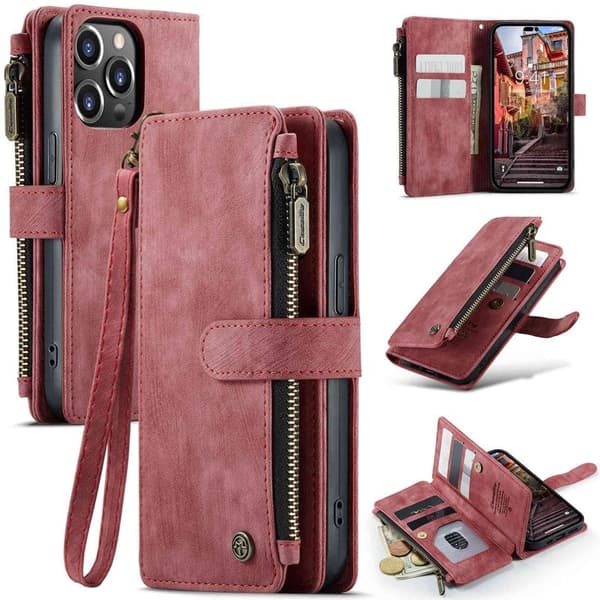 CASEME C30 iPhone 14 Pro Plånboksfodral Konstläder Röd med Kortfack