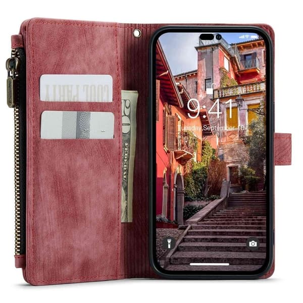 CASEME C30 iPhone 14 Pro Plånboksfodral Konstläder Röd med Kortfack