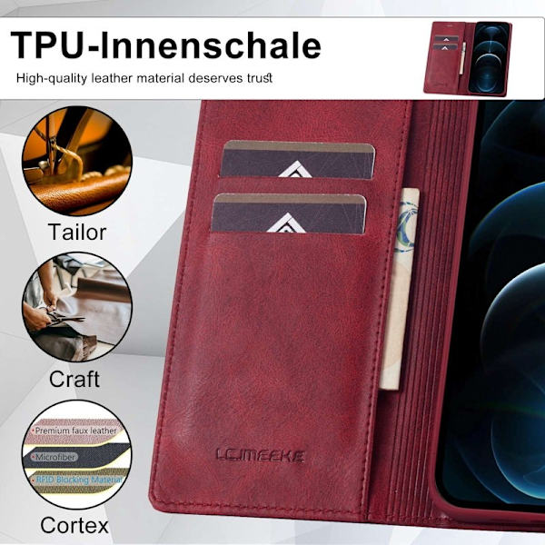 LC.IMEEKE iPhone 12 / 12 Pro Plånboksfodral Konstläder - Röd